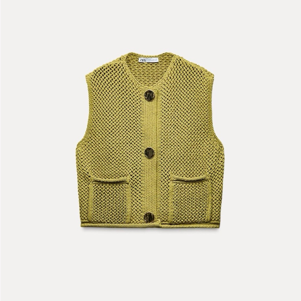 Zara Open-Weave Knit Button Vest in Lime